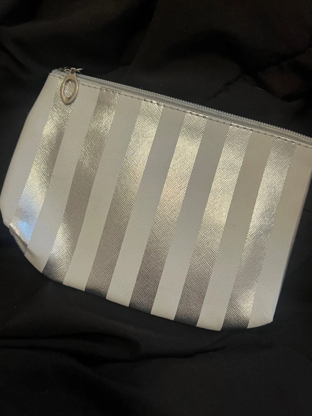 Striped Metallic Silver and White Cosmetic Pouch